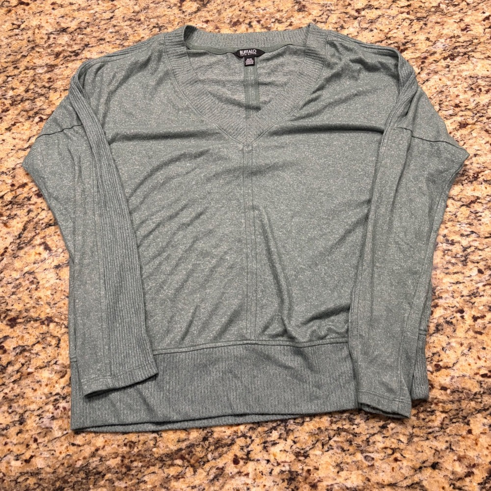 Buffalo David Bitton Women V-Neck Long Sleeve Top Heathered Green Ribbed M ws